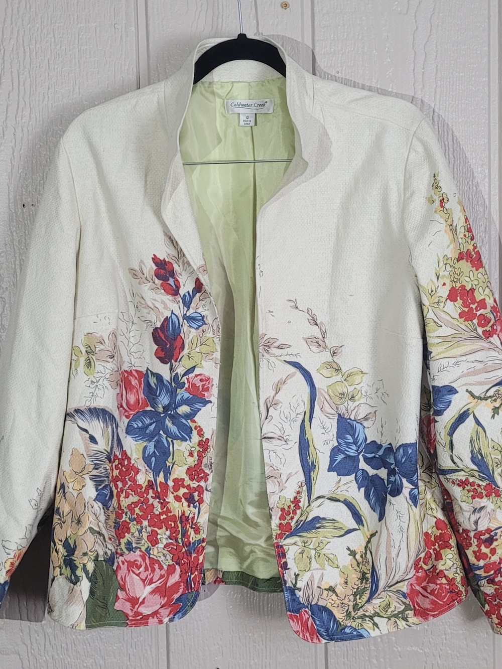 Coldwater Creek Cream Floral Blazer with Blue and Red Accents